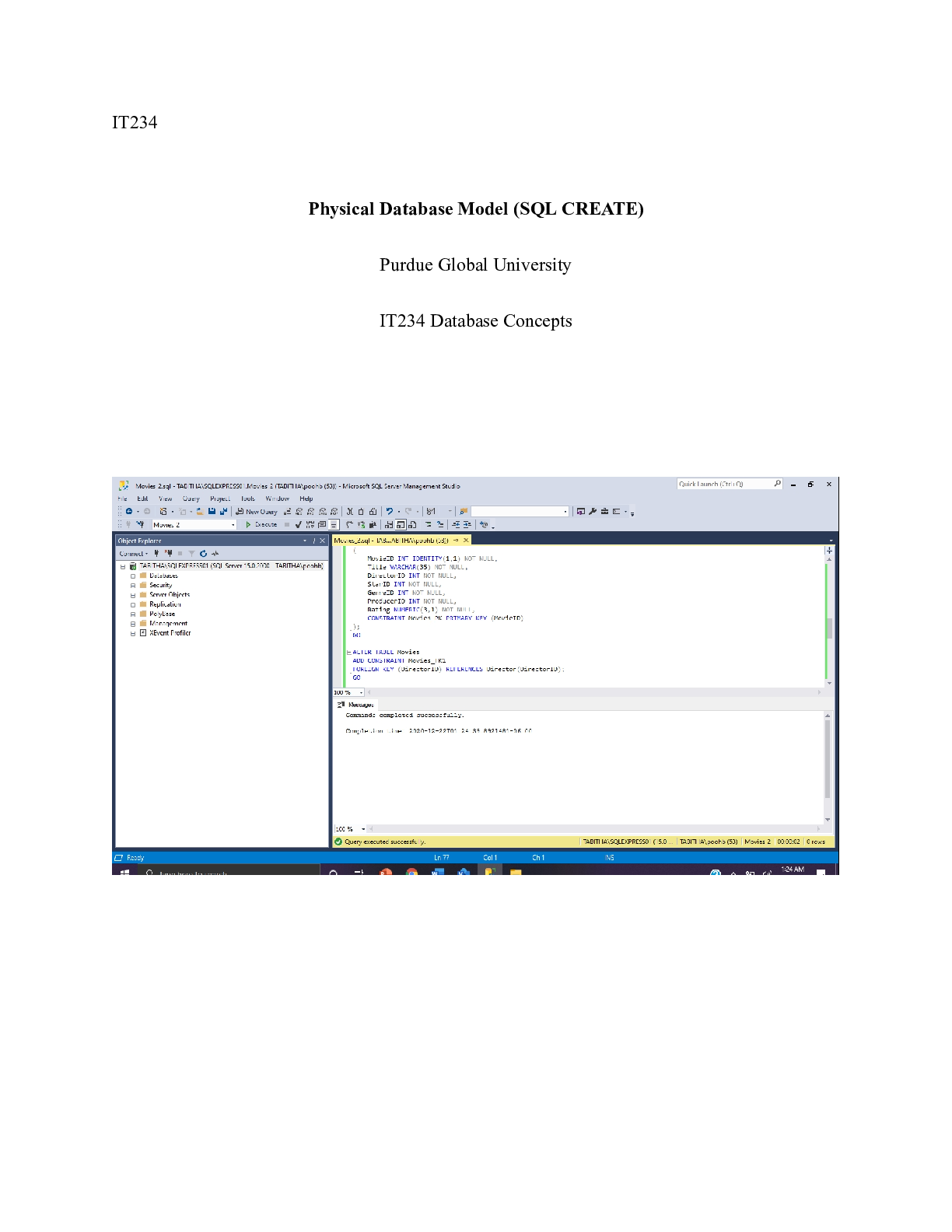Preview image for IT234  Unit3 Assn2.docx  IT234  Physical Database Model (SQL CREATE)  Purdue Global Univer